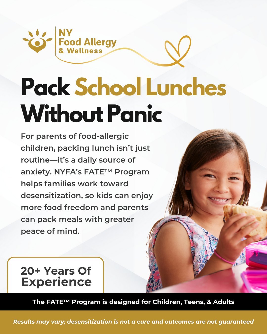 Lunch shouldn&rsquo;t be a daily source of fear. NYFA&rsquo;s FATE&trade; Program helps families work toward desensitization&mdash;so kids can eat with confidence and parents can breathe easier. 🎒🍎

✨ Why Choose the FATE&trade; Program?
✔️ Safe &am