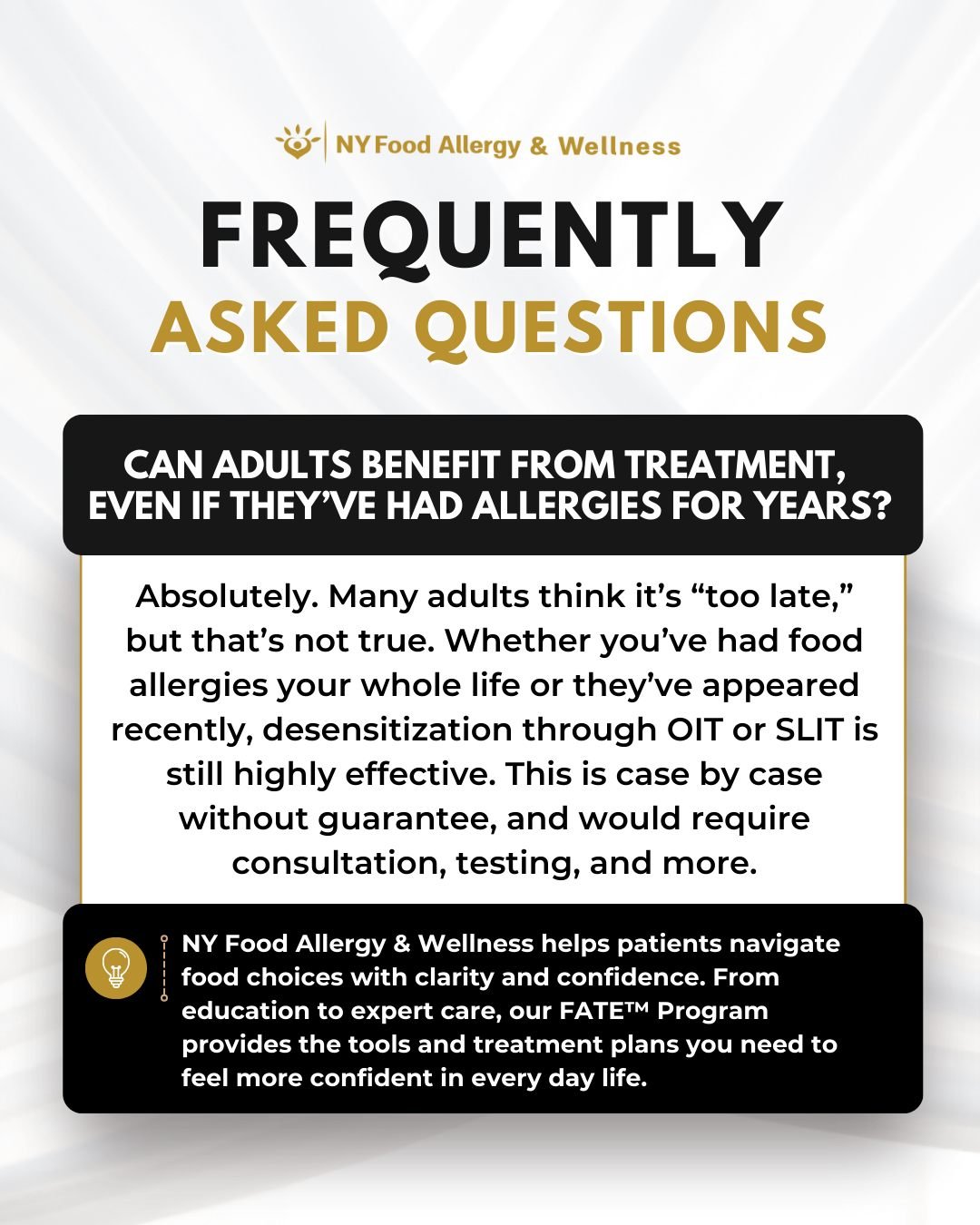 Think it&rsquo;s too late to treat lifelong food allergies? Think again. ⏳ Adults of all ages have had success with OIT &amp; SLIT through our FATE&trade; Program. Whether new or lifelong, we&rsquo;ll help you build tolerance and reclaim freedom. Not