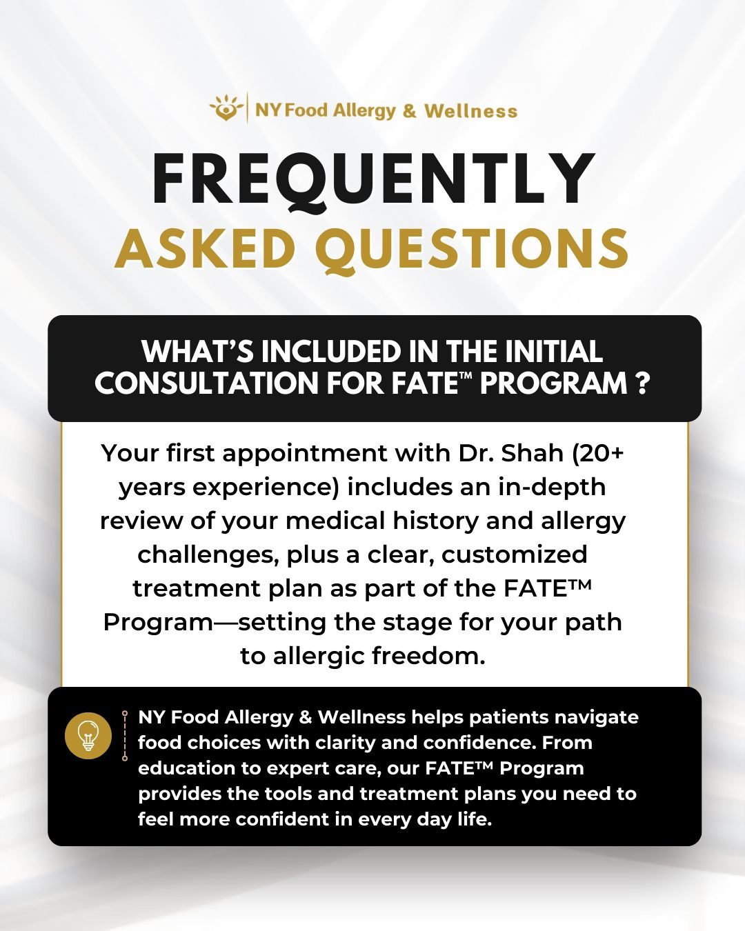 Your journey begins with a deep dive into your history and goals&mdash;Led by Dr. Shah&rsquo;s 20+ years of expertise. This isn&rsquo;t a cookie-cutter plan&mdash;it&rsquo;s a custom blueprint for your allergy freedom through the FATE&trade; Program.